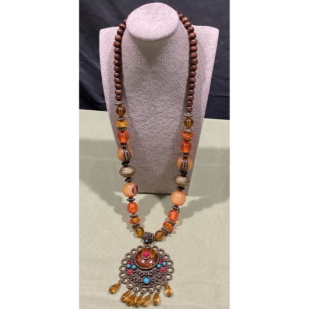 Vintage Boho Amber Resin Pendant Necklace Chunky Tribal Ethnic Statement Beaded